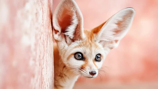 Curious fennec fox peeks around a wall, showcasing its large ears and expressive eyes in a warm, softly blurred environment