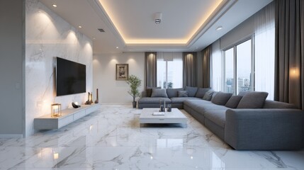 Brightly lit, spacious living room with marble floors and a large sectional sofa
