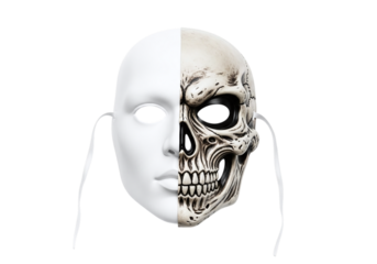 Half skull half human mask isolated on transparent background