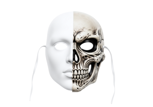 Half skull half human mask isolated on transparent background