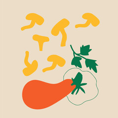 Abstract appetizing Vegetables collection. Decorative abstract horizontal banner with colorful doodles. Hand-drawn modern illustrations with Vegetables, abstract elements. Cucumber, peas, pepper.	
