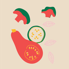 Abstract appetizing Vegetables collection. Decorative abstract horizontal banner with colorful doodles. Hand-drawn modern illustrations with Vegetables, abstract elements. Cucumber, peas, pepper.	
