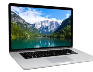 Angled Perspective of Silver Laptop with Scenic Wallpaper Display, Isolated on Transparent Background