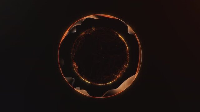Abstract glowing golden circle sphere with dynamic particle flow and smooth wave motion on dark background. Futuristic energy animation in 4K seamless loop.