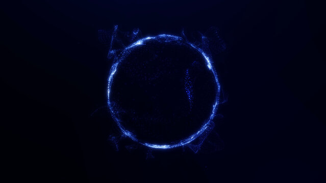 Glowing abstract blue sphere with dynamic wavy flowing textures on dark background. Futuristic energy design.