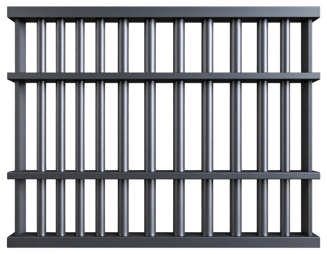 Angled Perspective of Prison Bars with Horizontal Crossbars, Dark Gray Metal, Isolated on Transparent Background