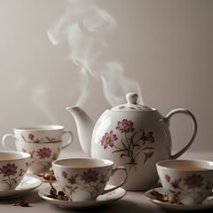 Vintage Teacups and Teapot with Roses and Steam in Artistic Home Decor Scene  