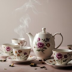 Fototapeta premium Elegant Floral Tea Set with Steaming Cup and Dried Petals on Soft Pink Background 