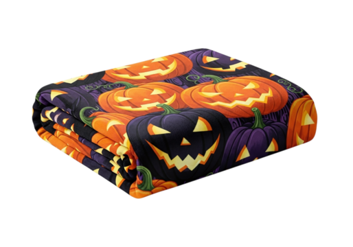Folded halloween blanket with jackolantern pattern isolated on transparent background