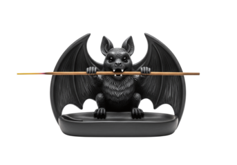 Gargoyle bat statue holding a stick isolated on transparent background