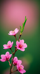 Obraz premium Delicate pink blossoms on green bokeh portrait background, wallpaper, spring flowering branch macro with copy space