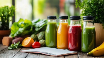 Freshly prepared juices displayed with vibrant fruits and greens on a rustic wooden table