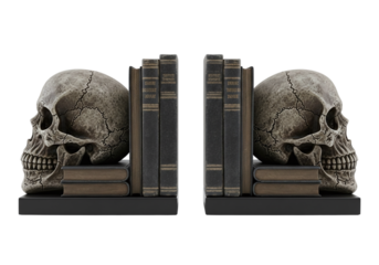 Skull bookends with vintage books isolated on white isolated on transparent background