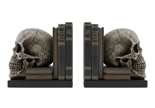 Skull bookends with vintage books isolated on white isolated on transparent background