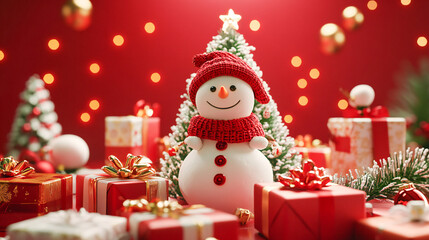 Festive Christmas scene with cheerful snowmen and decorated tree surrounded by colorful gifts on a red background