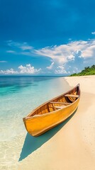 Naklejka premium Wooden boat rests on tropical beach with turquoise water and blue sky
