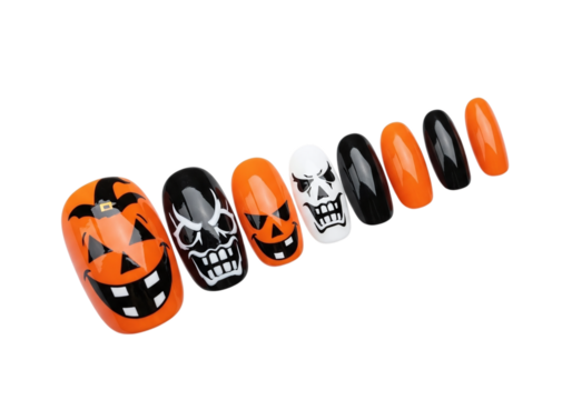 Halloween themed artificial nails with pumpkin and skull isolated on transparent background