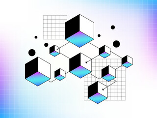 Distributed Network with 3D Cubes - Blockchain, Data Flow, and Technology Connectivity Vector Design