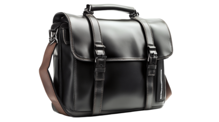 Black leather messenger bag isolated on transparent background 