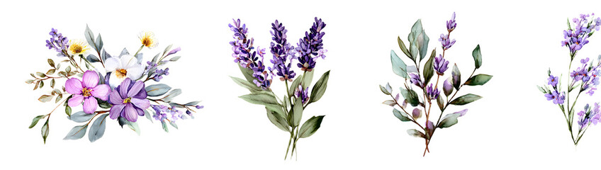 Naklejka premium watercolor arrangements with flowers lavender. bouquts with wildflowers, leave, branches. Botanic illustation