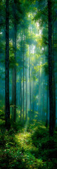 Fototapeta premium Sunlight streams through a vibrant, lush forest, creating a tranquil, ethereal atmosphere with green foliage and tall trees