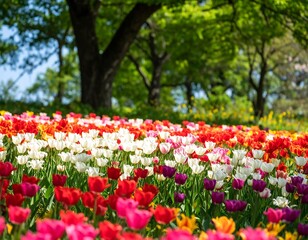 Vibrant tulip field bathed in sunlight
