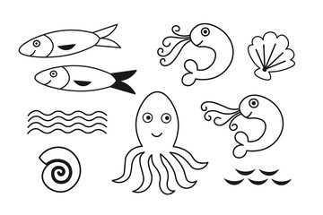 Sea ​​fish underwater world doodle. Sardine fish, octopus, shrimps, shells, waves drawing on isolated background. Hand drawn sketch with graphic funny pilchard, seafood, fishing. Vector illustration