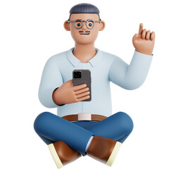 3D Rendered Mature Man Sitting Mobile Phone Use Concept Character