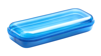 Blue plastic pencil case isolated on transparent background 