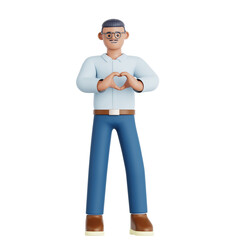 3D Render Cheerful Man Showing Heart Sign Gesture Love Character