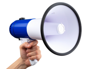  Angled Overhead Shot of Hand Lifting Blue and White Megaphone, Isolated on Transparent Background