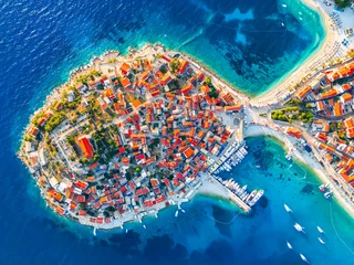 Fototapete Rund Mediterranes Europa Aerial drone view of the historical center of Primosten, Sibenik, Croatia  © ecstk22