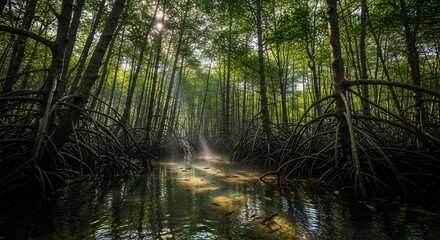 Obraz premium Sunlit Mangrove Forest with Exposed Roots and Reflections in Calm Water