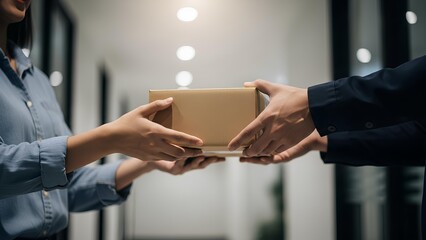 Hands exchanging a brown package parcel for delivery and logistics