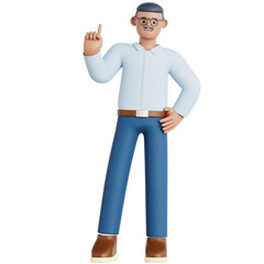 3D Rendered Cartoon Man with Glasses Raising Finger Pose Character