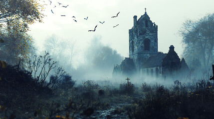 Naklejka premium Halloween wallpaper. Haunted landscape with an old forest and a scary castle or house