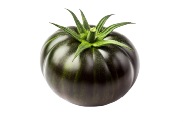 One ripe green and black striped heirloom tomato, isolated on a white background, showcasing its unique color and texture