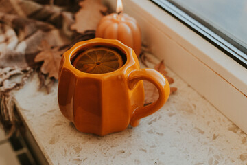 Autumn-Themed Cozy Mug With Hot Orange Drink by the Window