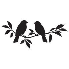 Pair of Birds Sitting on Branch with Leaves – Black Silhouette Illustration