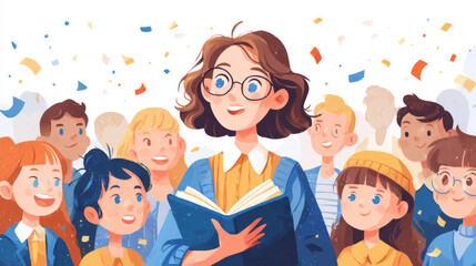 smiling teacher greeting students on Knowledge Day with an open book and confetti