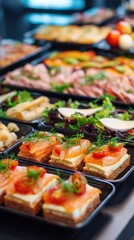 Stunning photo of catering company, office corporate canteen, assortment of dishes and snacks, buffet for a business party, serving dishes at the event.