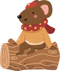 Mouse Seating in A Log Autumn Animal Illustration