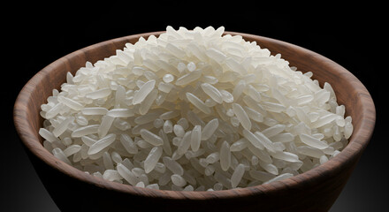 Fresh cooked white rice grains served in traditional brown bowl