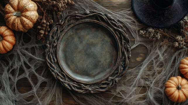 Halloween Table Setting with Empty Plates and Pumpkins