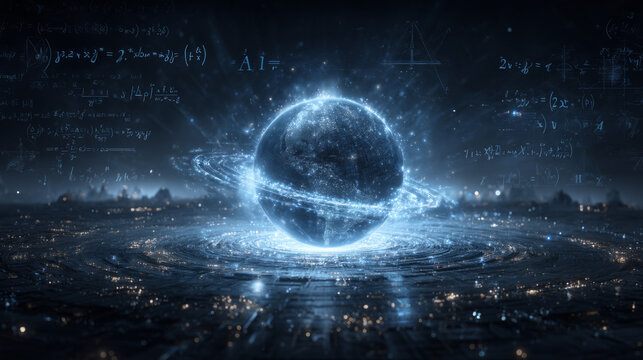 AI core floating inside glass sphere, surrounded by orbiting light particles and math equations