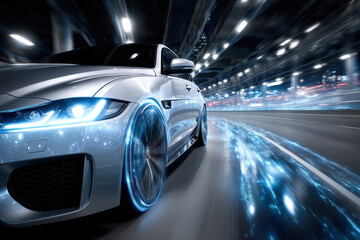 Obraz premium High-speed silver car driving through a futuristic illuminated tunnel at night