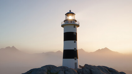 Coastal lighthouse on rocky outcrop with misty mountains