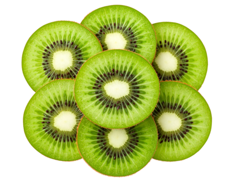 Angled Close-Up of Kiwi Slices Overlapping in Decorative Pattern, Isolated on Transparent Background