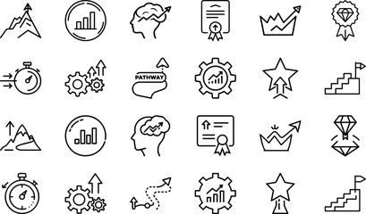 Business Success Icons Set – Line Style Achievement, Growth, Leadership, Productivity, Strategy, Mountain Goal, Motivation, Award, Star, Crown, Certificate, Diamond Medal, Gear, Brain, Stopwatch, Care