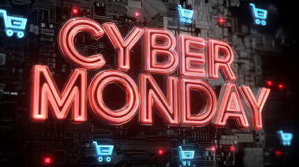 Cyber Monday Glowing Neon Signs with Shopping Cart Icons
